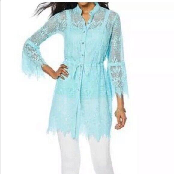 Colleen Lopez Bit of Romance Cover Up Womens XL Blue Green Lace Fairycore Tunic - Picture 2 of 15